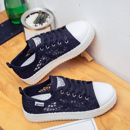 Sneakers Women Lace Canvas Hollow Floral..