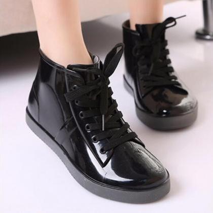 Rain Boots Women Lace-up Solid Flats Round Toe