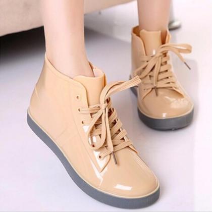 Rain Boots Women Lace-up Solid Flats Round Toe