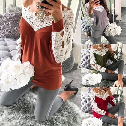 Women Lace Patchwork Solid Casual Sweatershirt
