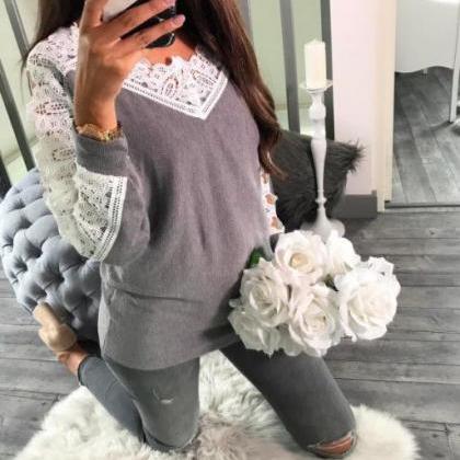 Women Lace Patchwork Solid Casual Sweatershirt