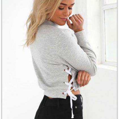 Crew Neck Long Cuffed Sleeves Crop Pullover..