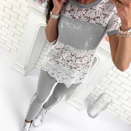 Womens Pure Color Autumn Long Sleeve Lace Patch..