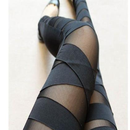 Fashion Black Hollow Out Strap Mesh Leggings