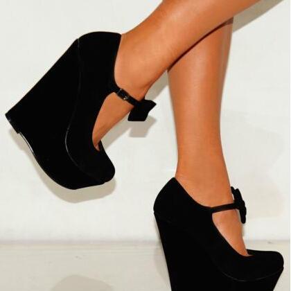 Ladies Womens Ankle Straps Bows Wedged Platforms..