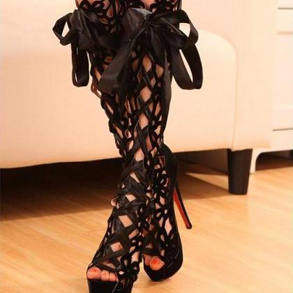 Spring And Summer High-heeled Boots Lace Boots..