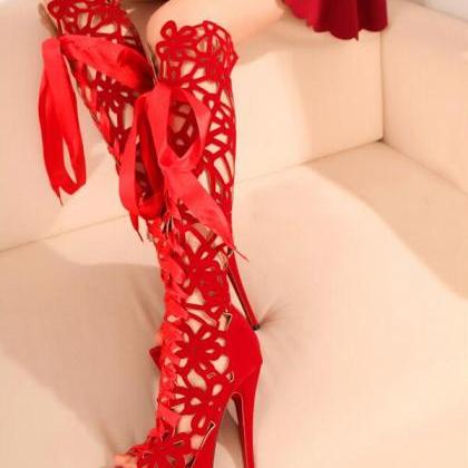 Spring And Summer High-heeled Boots Lace Boots..