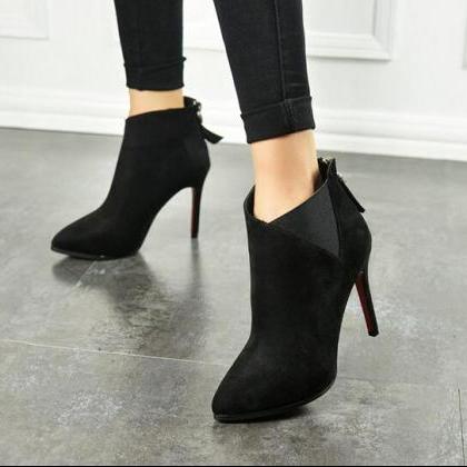 High Heel Pointed Toe Suede Ankle Boot With Zipper..