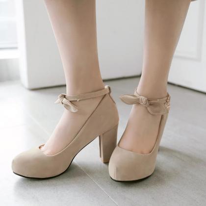 Thick Heel Pumps With Bowknot Ankle Strap