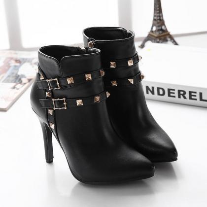 Pointed-toe Stiletto Ankle Boots With Rivet..