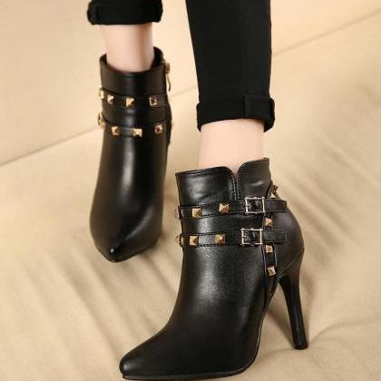 Pointed-toe Stiletto Ankle Boots With Rivet..
