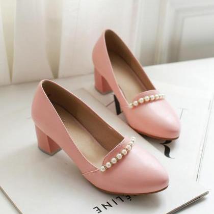 Rounded Toe Slip On Pumps With Low Chunky Heel And..