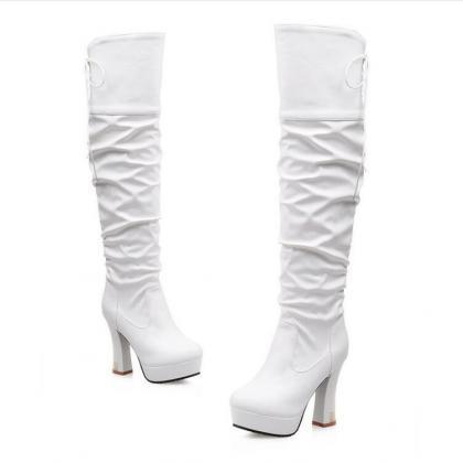 Thicked Heeled Knee-high Boots With Ruched And..