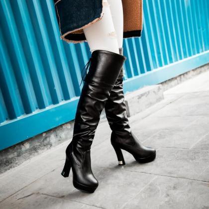 Thicked Heeled Knee-high Boots With Ruched And..