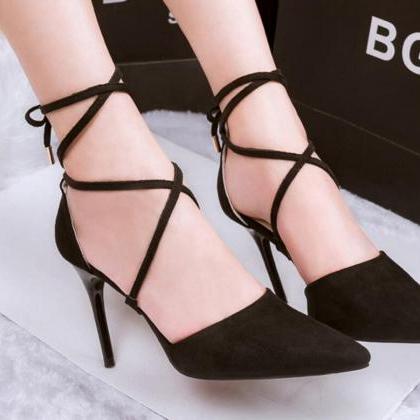 Faux Suede Pointed-toe Lace-up High Heel Stilettos