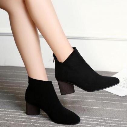 Stacked Heel Suede Ankle Boots With Side Notch