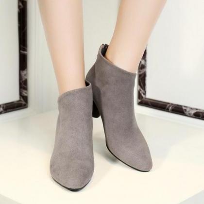 Stacked Heel Suede Ankle Boots With Side Notch