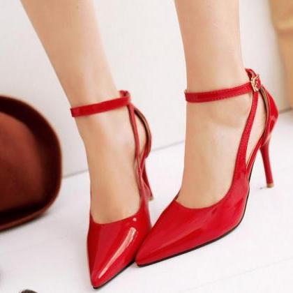 Ankle Straps Pointed Toe Pumps With Glossy Finish