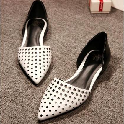 Perforated Leather Pointed Toe Ballerina Flats