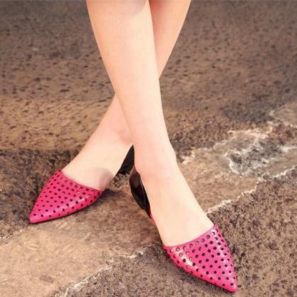 Perforated Leather Pointed Toe Ballerina Flats