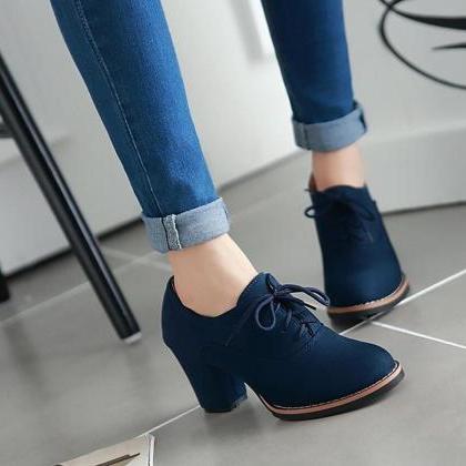 Pumps Heels Women Fashion Lace Up Thick Heel Solid..