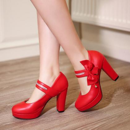 Pumps Women College Style Bow Beaded Solid Round..