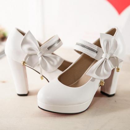Pumps Women College Style Bow Beaded Solid Round..