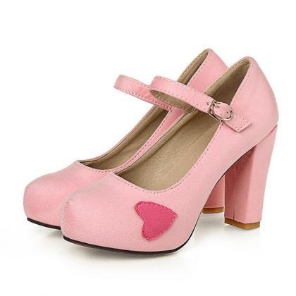 Rounded Toe Chunky High Heel Pumps With Heart..