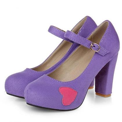 Rounded Toe Chunky High Heel Pumps With Heart..