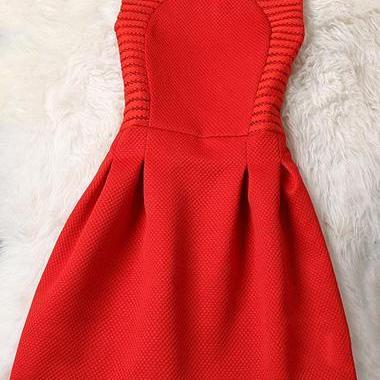 Hollow Out Red Sleeveless Round Neck A Line Dress