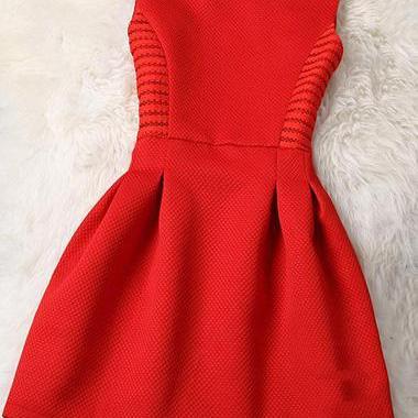 Hollow Out Red Sleeveless Round Neck A Line Dress