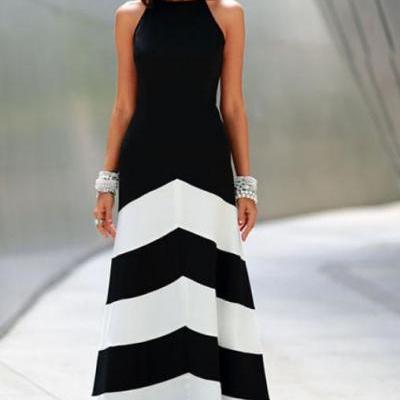 Women Elegant Summer Black and white striped long dress