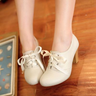Women'S Punk Pointed Toe Lace Up Platform Block High Heels Ankle Boots Shoes Beige