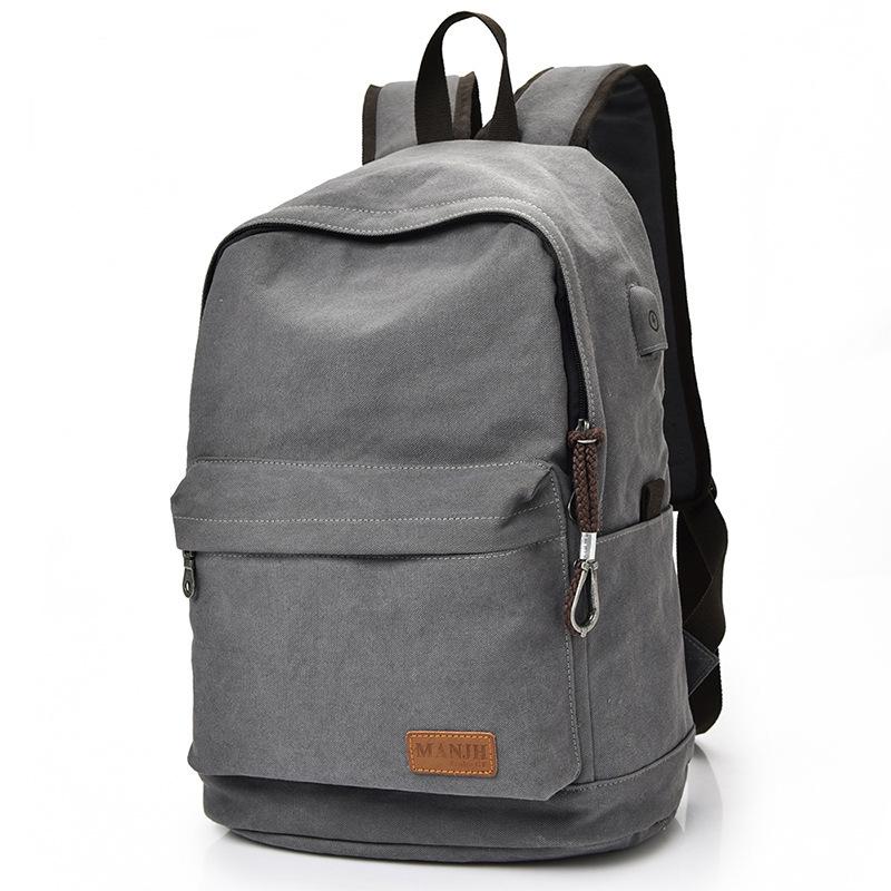 Canvas Backpack Pure Color College Casual Travel Usb Port