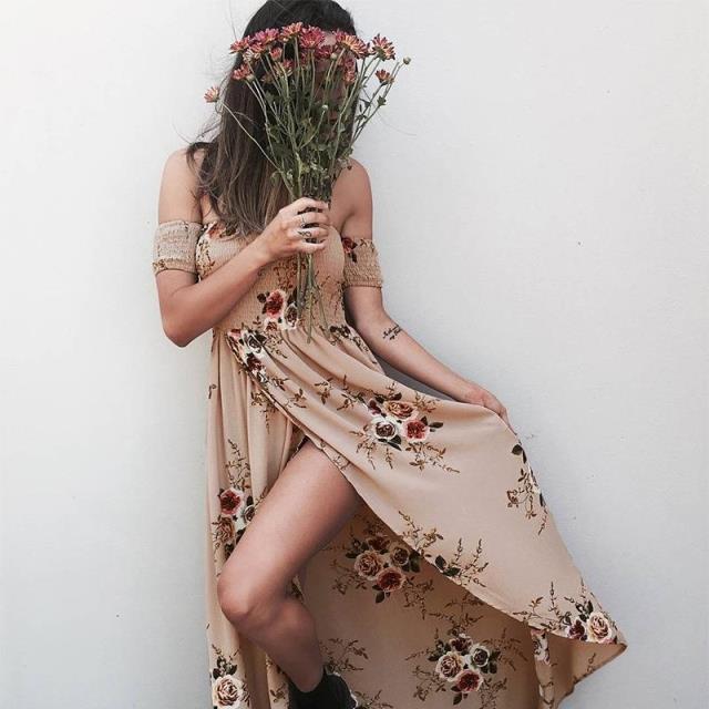 Off-the-shoulder Smocked Floral Print Maxi Summer Dress