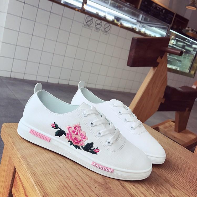 Floral Embroidered White Faux Leather Sneakers