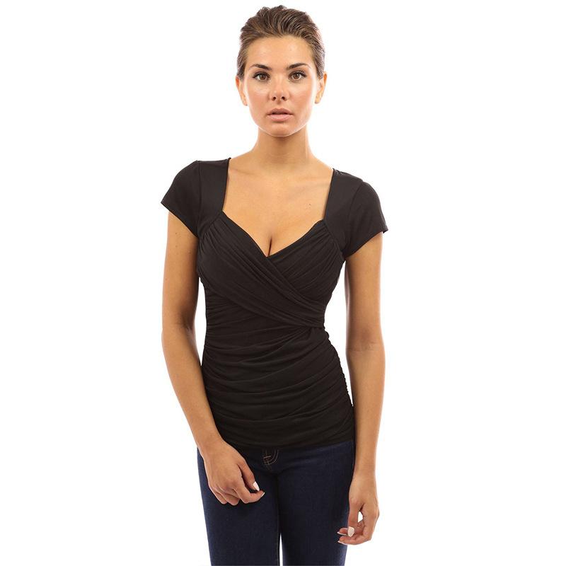 Womens Pure Color Short Sleeve V-neck Cross Fold Tshirt