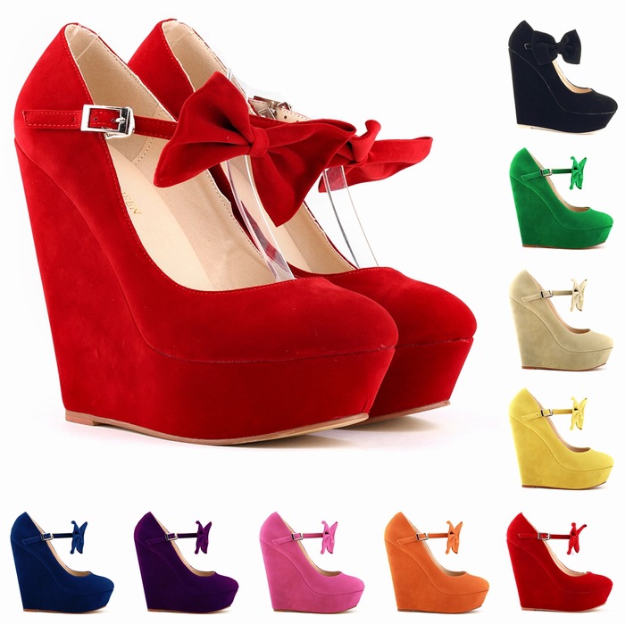 Ladies Womens Ankle Straps Bows Wedged Platforms Wedges High Heels Shoes