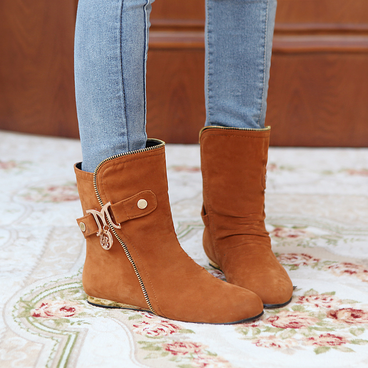 Women's Pure Color Flat Heel Suede With Side Zippers Band Boots