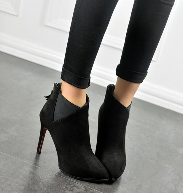 High Heel Pointed Toe Suede Ankle Boot With Zipper Closure