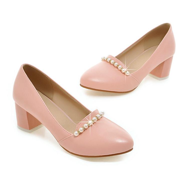 Rounded Toe Slip On Pumps With Low Chunky Heel And Pearl Embellishments