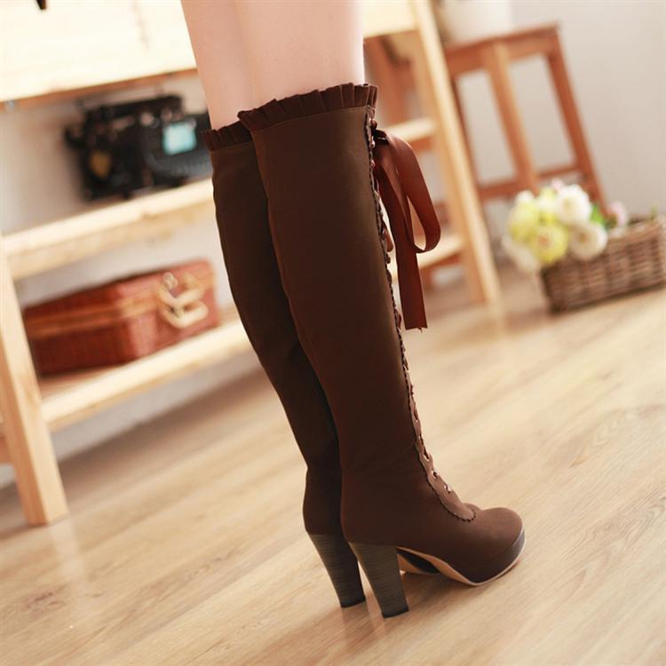 Women's Winter Pure Color Front-tied High Boot With Thick Heel