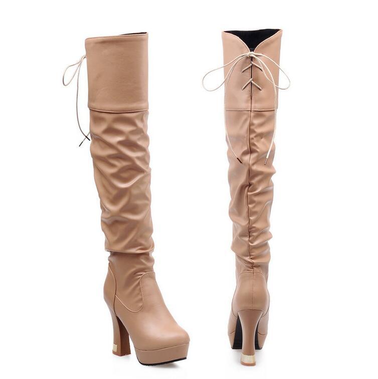 Thicked Heeled Knee-high Boots With Ruched And Lace-up Detail