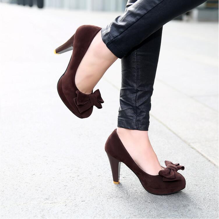 Women's Classical Pure Color Fashion Thick-heeled Pumps With Bowknot Decoration