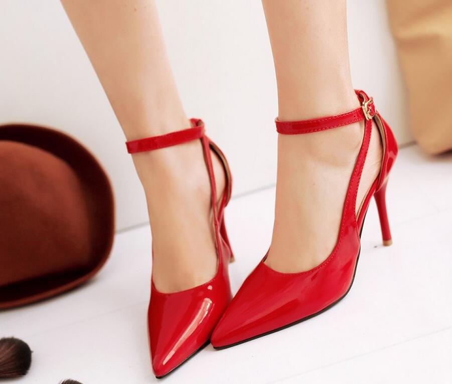 Ankle Straps Pointed Toe Pumps With Glossy Finish