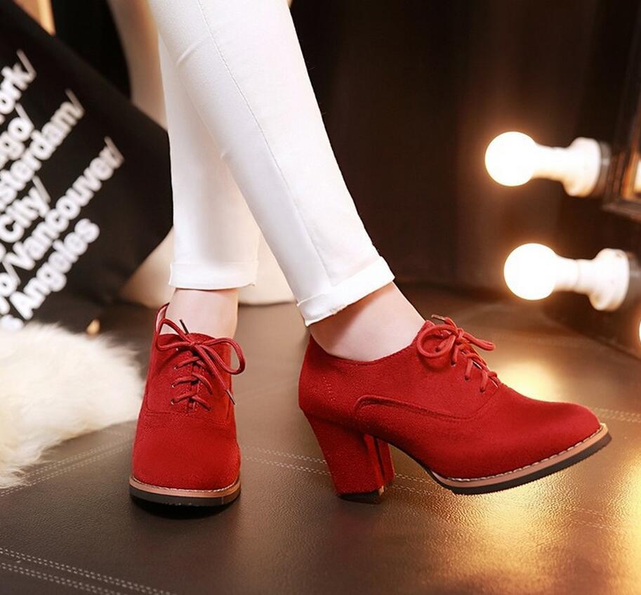 Pumps Heels Women Fashion Lace Up Thick Heel Solid Round Toe Richelieu